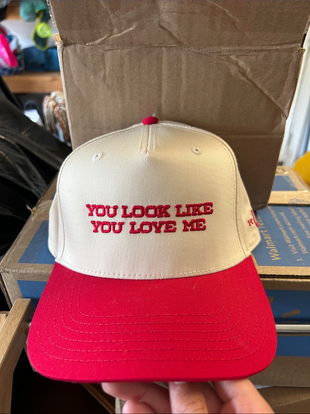 Two-Tone Red and Cream Baseball Cap - Embroidered Slogan